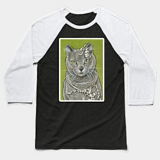 Gray Kitty With Ribbon - White Outlined Version Baseball T-Shirt